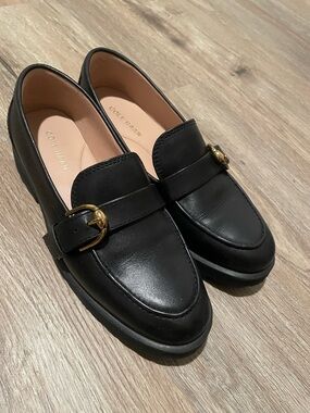 Cole Haan Black Leather Loafers with Gold Buckle